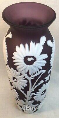 Fenton Art Glass Cameo Carved Aubergine Cased In Milk Vase Sunflower 10 Of 40