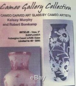 Fenton Art Glass Cameo Carved Aubergine Cased In Milk Vase Sunflower 10 Of 40