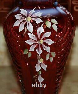 Fenton Art Glass Cranberry Feather Vase Randy Fenton Hand Painted by C Riggs