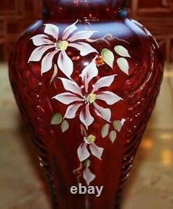 Fenton Art Glass Cranberry Feather Vase Randy Fenton Hand Painted by C Riggs