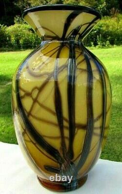 Fenton Art Glass Dave Fetty 07 OOAK Honey Amber-Black Applique Vase 9.5H (2)