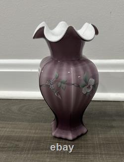 Fenton Art Glass Vase Amethyst Satin Hand Painted Tulip Vase Purple