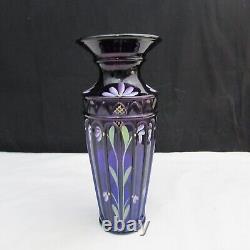 Fenton Royal Purple Floral Hand Painted Panel Vase Special Order 2001 C382