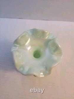 Fenton Sea Green Iridized Pansies HP Signed Beaded Melon Glass Vase 1998 Htf