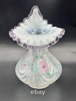 Fenton Signed Glass Lilac Crest Jack In The Pulpit Opalescent Hand Painted Vase