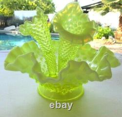Fenton Vaseline Hobnail Opalescent Art Glass Flower Epergne Vase USA