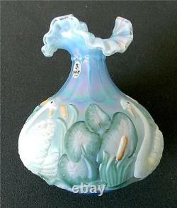 Fenton art glass vase hand painted swan decorations artist signed
