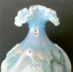 Fenton art glass vase hand painted swan decorations artist signed