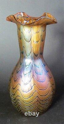 Fine 8.25 KRALIK BLUE WAVE Bohemian Art Nouveau Glass Vase c. 1902 antique +