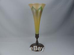 Fine L C Tiffany Studios Favrile Pulled Feather Art Glass & Bronze 14 3/4 Vase