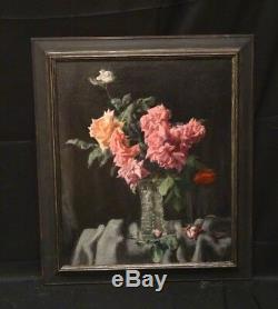 Fine Large 20th Century Flowers Still Life Pink & Red Roses Glass Vase Painting