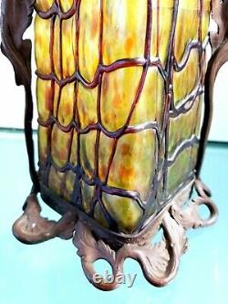 Fine Loetz Austrian Bohemian Glass Art Nouveau Vase w Bronze Stand Poppies 1915