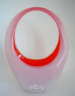 Fratelli Toso Murano Opalino Opalescent Red Orange Art Glass Handled Basket Vase