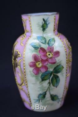 French Antique Art Nouveau Hand Painted Enamel Pink & White Opaline Vase