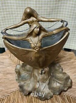 French Art Nouveau Bronze Spelter Cast Iron Lady Woman Glass Vase Insert c1900