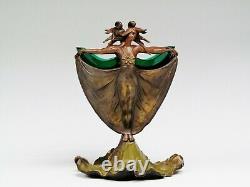 French Elegant Art Nouveau Bronze Two Nymphs With Original Green Glass Insert