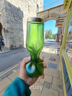 French Green Bohemian Loetz-like Green Glass Vase with silver mark