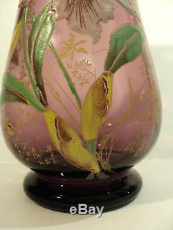 GORGEOUS MONT JOYE FRENCH ART GLASS VASE with HEAVY ENAMELED DECORATION, c. 1900