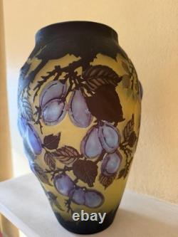 Galle Style Cameo Glass Vase Fruit Pattern Purple Gold Vintage 1960s