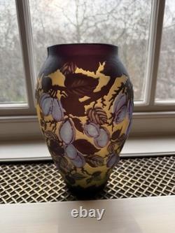 Galle Style Cameo Glass Vase Fruit Pattern Purple Gold Vintage 1960s