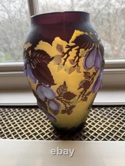 Galle Style Cameo Glass Vase Fruit Pattern Purple Gold Vintage 1960s