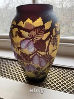 Galle Style Cameo Glass Vase Fruit Pattern Purple Gold Vintage 1960s