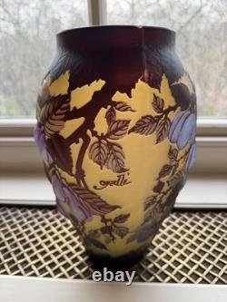 Galle Style Cameo Glass Vase Fruit Pattern Purple Gold Vintage 1960s