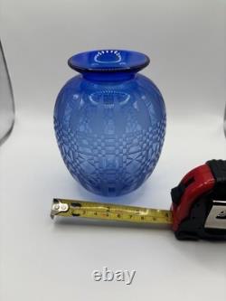 Gary Genetti Signed Cobalt Blue Etched Art Glass Vase Geometric Studio Glass 5