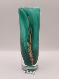 Gérard Torcheux Signed French Art Glass Vase Cylinder Green Gold Foil 7 VGC
