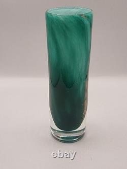 Gérard Torcheux Signed French Art Glass Vase Cylinder Green Gold Foil 7 VGC