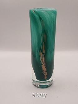 Gérard Torcheux Signed French Art Glass Vase Cylinder Green Gold Foil 7 VGC