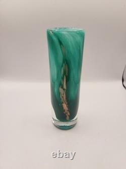 Gérard Torcheux Signed French Art Glass Vase Cylinder Green Gold Foil 7 VGC