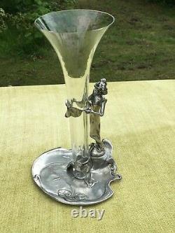 German Art Nouveau Zinn pewter and glass vase lady and lilly design