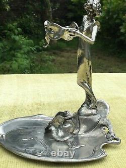 German Art Nouveau Zinn pewter and glass vase lady and lilly design