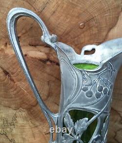 German WMF Art Nouveau Pewter Glass Lined Wine Ewer Claret Jug Vase Circa 1905