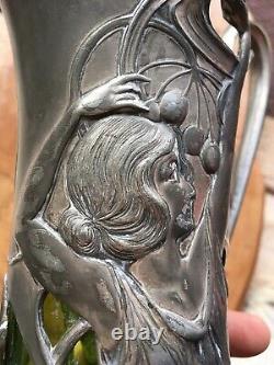 German WMF Art Nouveau Pewter Glass Lined Wine Ewer Claret Jug Vase Circa 1905