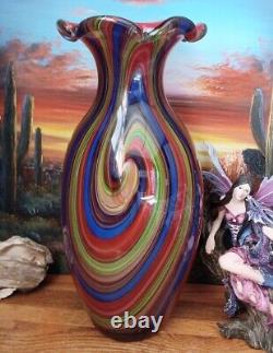 Glass Art Flower Vase H-15 inches Heavy Swirl and Glitter Thick Decor