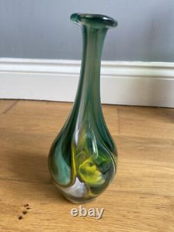 Glass Art Vase Signed Heavy Marbled Green