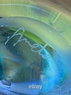 Glass Art Vase Signed Heavy Marbled Green