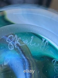 Glass Art Vase Signed Heavy Marbled Green
