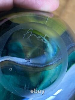 Glass Art Vase Signed Heavy Marbled Green