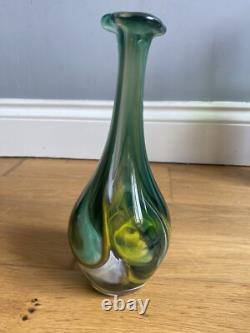 Glass Art Vase Signed Heavy Marbled Green