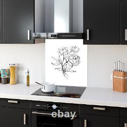 Glass Splashback Kitchen Tile Cooker Panel ANY SIZE Minimal Flower Art B&W