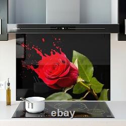 Glass Splashback Kitchen Tile Cooker Panel ANY SIZE Red Rose Splash Black 0319