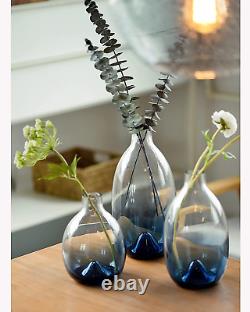 Glass Vase Set Room Decor Hand Made Art Glass Flower Blue Set of 3