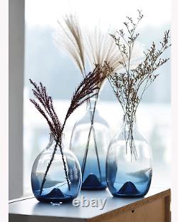 Glass Vase Set Room Decor Hand Made Art Glass Flower Blue Set of 3