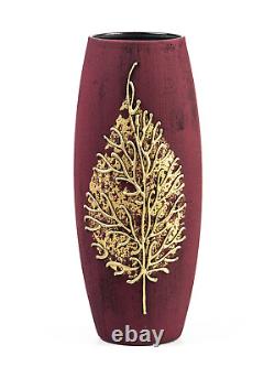 Gold on Burgundy Handpainted Art Glass Oval Vase for Flowers Interior Design