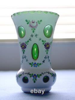 Gorgeous Antique Czechoslovakia MOSER Cut White to Green Art Glass Vase
