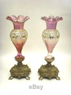 Gorgeous PAIR antique Bohemia art glass enameled Vases 1930 floral
