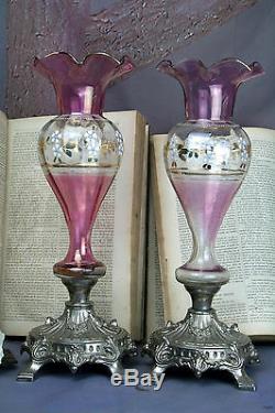 Gorgeous PAIR antique Bohemia art glass enameled Vases 1930 floral